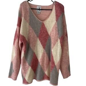 JK America Vintage 90s Women's Plus Size 22/24 Mohair Pink Argyle Sweater